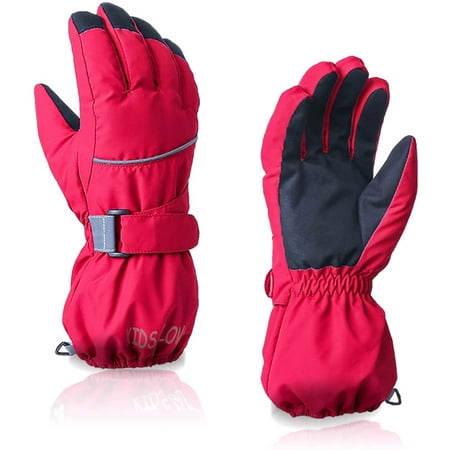 Kids Winter Glove Boys Girls Snow Ski Waterproof Gloves for Teens Fleece Lining Warm Mittens Outdoor Red, 7-11T